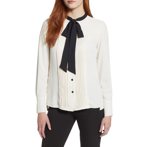 Anne Klein New York Bow Blouse Cream And Black Pussybow Blouse Size 2 - Picture 1 of 11